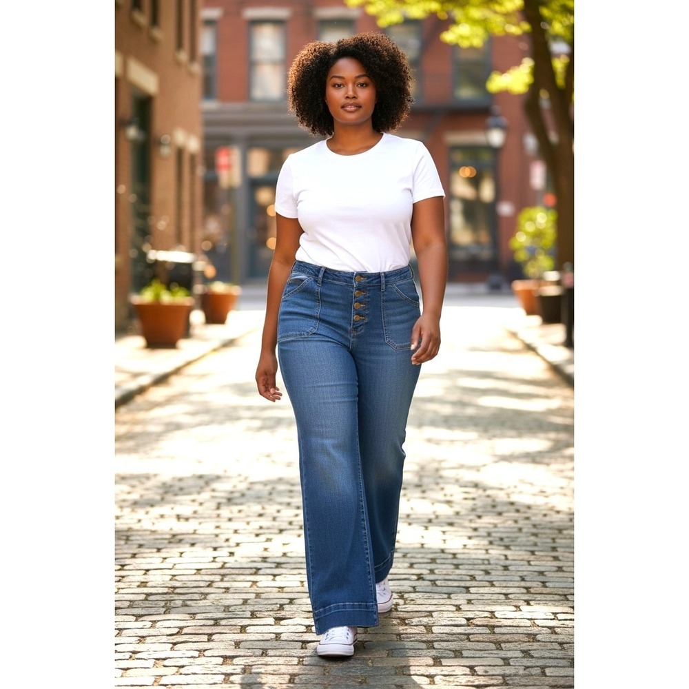 (I-254) DG2 Diane Gilman Jeans Women Size L Midtone Button Fly Stretch Denim Wid